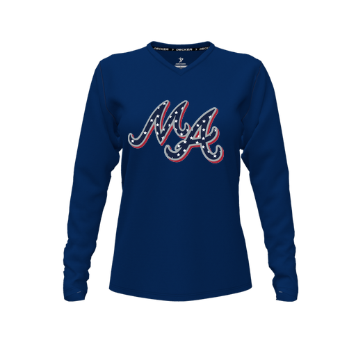 [CUS-DFW-TEES-CMF-VNK-LSL-NVY-FYXS-LOGO2] Decker Comfort T-Shirt (Female Youth XS, Navy, V Neck, Logo 2, Long Sleeve)