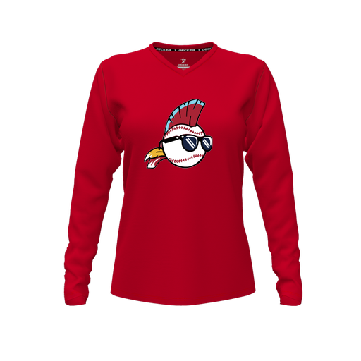 [CUS-DFW-TEES-CMF-VNK-LSL-RED-FYXS-LOGO1] Decker Comfort T-Shirt (Female Youth XS, Red, V Neck, Logo 1, Long Sleeve)